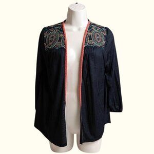 Maurices Womens Cardigan Size M  Blue Open Front Embroidered Casual Boho Chic